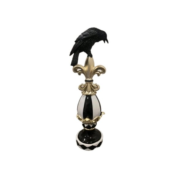 New Black & White Stripes Halloween Crow Perched Fleur de Lis Resin Decor Figure - Picture 2 of 4